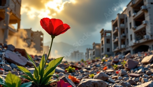 A red flower blooming amidst rubble in a post apocalyptic landscape. The flower stands out against the decaying structures, suggesting hope and resilience in the face of devastation
