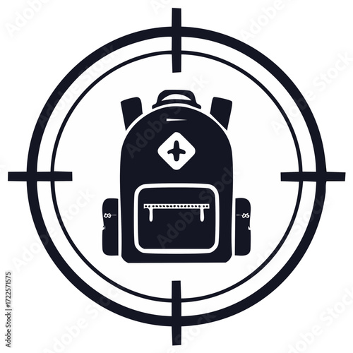 Backpack in Crosshairs Symbolizing Goal or Target Acquisition for School, Travel, or Outdoor Pursuits