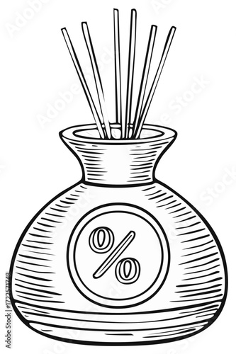 Hand drawn sketch of a reed diffuser with a percentage symbol discount sale concept