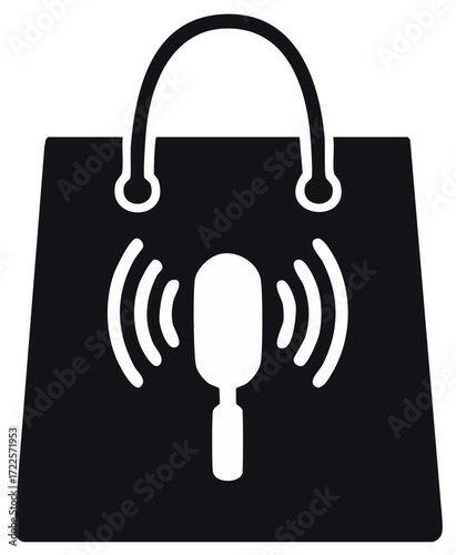 Podcast in a Shopping Bag Icon Illustration, Black and White, Graphic Design
