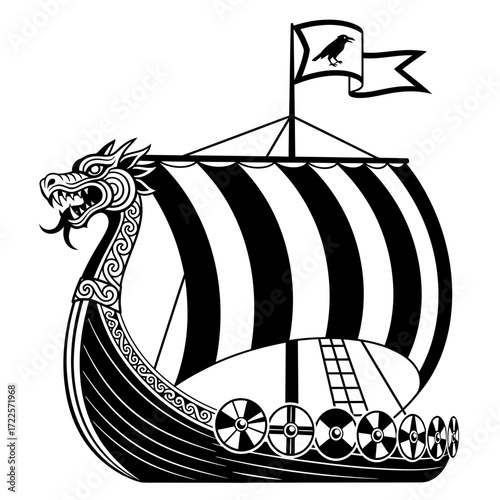 Ornate Viking Longship with Dragon Head and Raven Flag