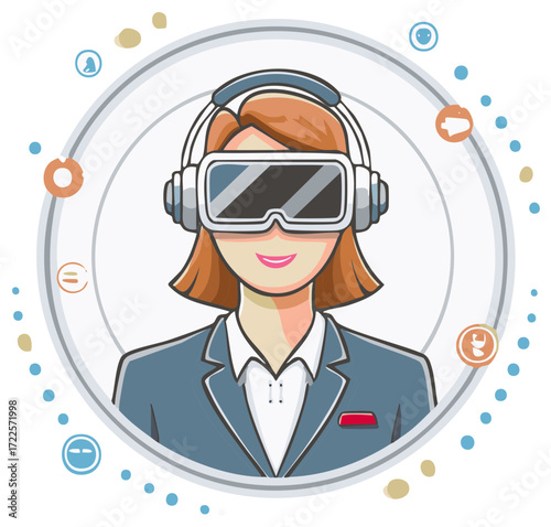 Smiling businesswoman wearing a virtual reality headset for a metaverse experience