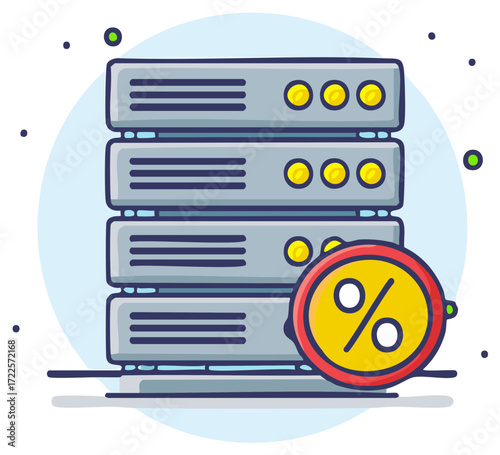 Cartoon illustration of a server stack with a percentage sign for hosting discounts or data sales