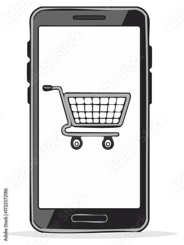 Smartphone with shopping cart icon depicting mobile commerce and online retail