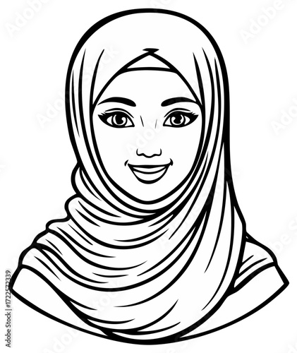 Smiling woman wearing hijab in black and white line art