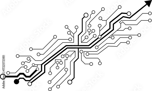 Circuit board illustration with paths highlighted, showing connectivity and technology.