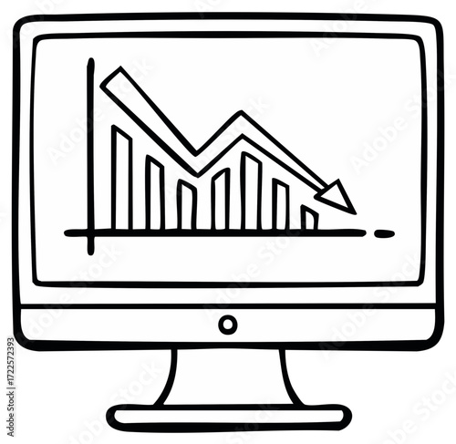 Computer display showing a downward trending graph depicting loss or decline in business or finance hand drawn