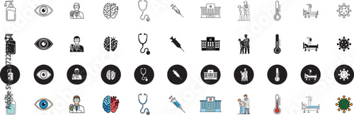 Comprehensive medical icon set for healthcare projects offering engaging visuals of hospital, doctor, virus, and essential medical elements in modern design