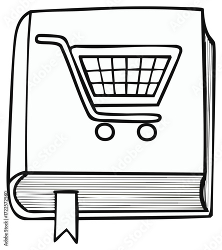 Hand drawn book with a shopping cart on the cover symbolizing an online bookstore