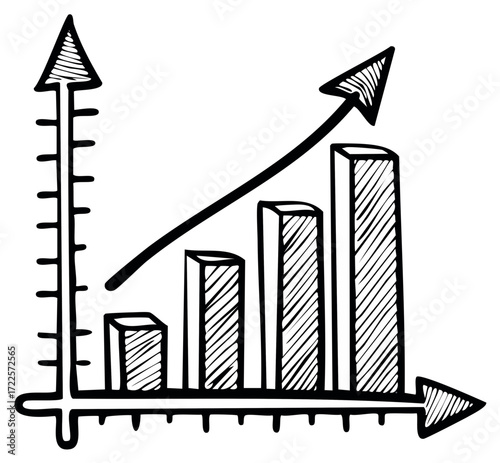 Hand-Drawn Bar Graph Chart with an Ascending Arrow, Upward Growth, and Progress