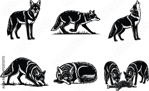 fox silhouette, fox vector, wildlife clipart, flat vector, black fox, animal silhouette, woodland mammal, nature icon, sleeping fox, howling fox