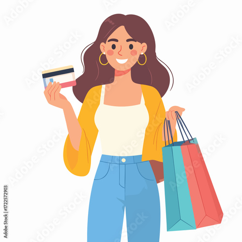 Smiling woman holding credit card and shopping bags, representing retail therapy.