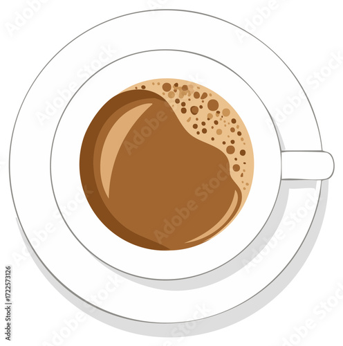 Top view illustration of a hot coffee drink with frothy foam in a white cup and saucer