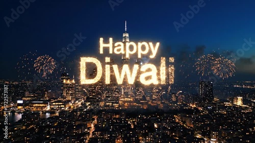 happy diwali celebration fireworks city skyline night aerial view