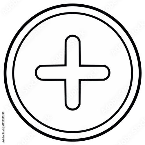 Simple black outline plus symbol inside a circle graphic icon for addition or positive concepts