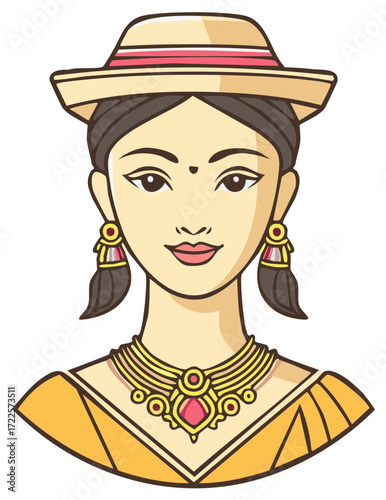 Elegant woman portrait with straw hat, necklace and earrings, cartoon illustration.