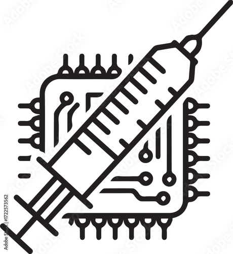 Cybersecurity threat concept with syringe injecting malware into computer chip, data breach risk, digital attack, virus protection, vector design element