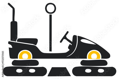 Bumper car fun, fairground ride, amusement park vehicle, stylized illustration, black and yellow design element