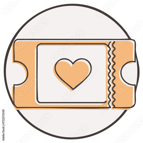 Heart shaped ticket icon inside a circle for love and romance themes
