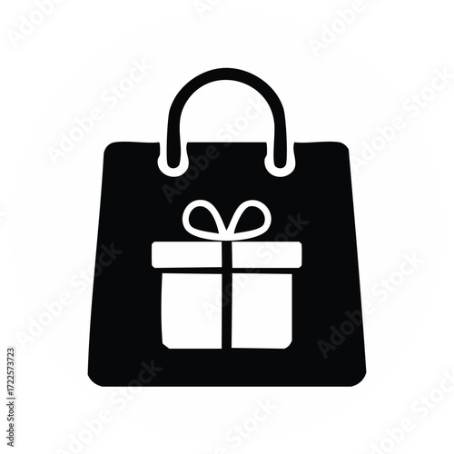 Shopping Bag with Gift Box Icon, Black and White Graphics, Retail Commerce