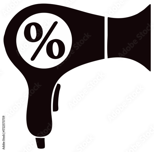 Stylized Black Silhouette of a Hair Dryer with a Percentage Symbol Inside a Circle for Discounts and Sales