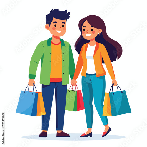 A smiling couple holding hands, carrying shopping bags, enjoying a day out together.