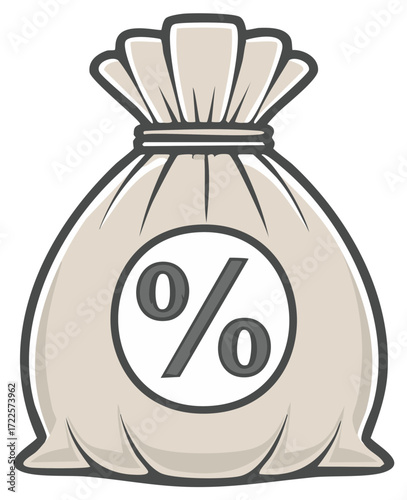 Cartoon illustration of a money bag with a percent symbol for interest rates, loans, and discounts.