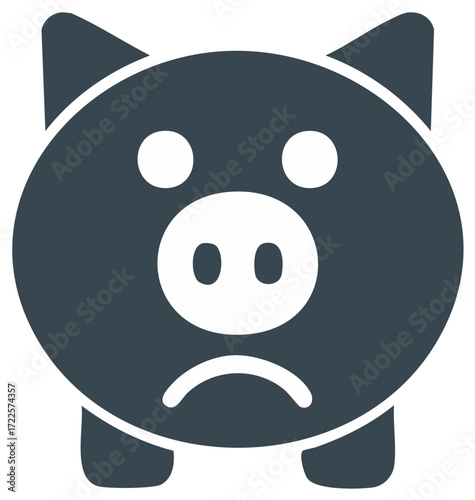 Depressed Piggy Bank Icon, Financial Loss, Savings Decline, Economic Downturn, Monochrome