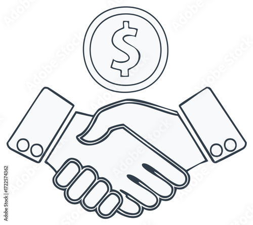 Handshake and Dollar Coin Symbolizing Agreement, Partnership, and Financial Deal Outline