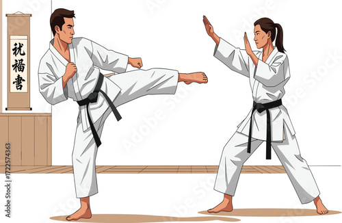 Karate martial arts training, man performing front kick, woman blocking defense stance, black belt fighters practicing combat techniques inside dojo discipline