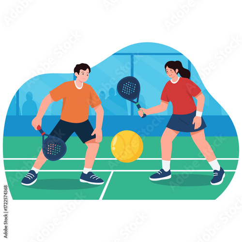 Two people playing pickleball on a court with a ball