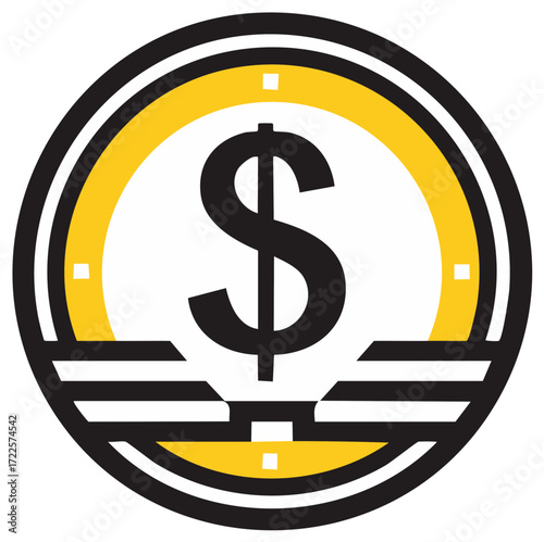 Stylized dollar sign coin icon with black and yellow circular design elements