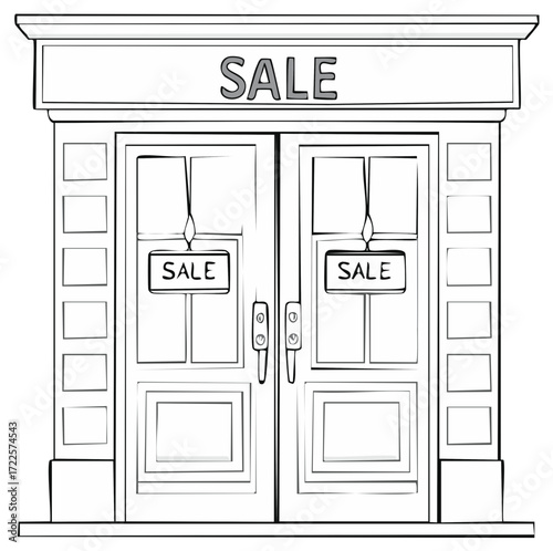 Hand Drawn Sale Sign on Storefront Door with Doors and Signage Showing Discounts