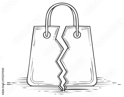 Shopping bag illustration with a crack in the middle; visual concept for financial issues, consumerism, or bankruptcy