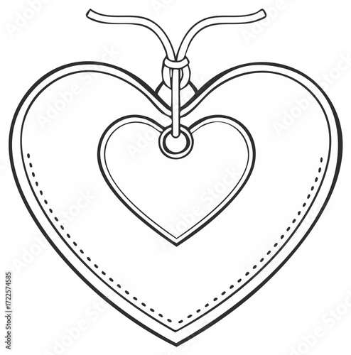 Outlined Heart Shaped Tag with Smaller Heart in Center and Hanging Loop Isolated