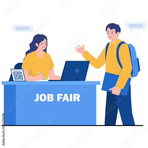 Two people at a job fair table with a laptop