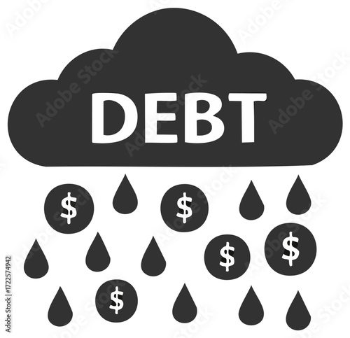 Debt cloud raining money with financial problems and economic downturn
