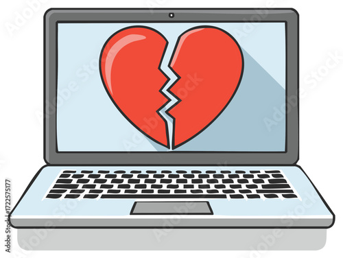 Laptop displaying a broken heart on screen, symbol of heartbreak or digital divide
