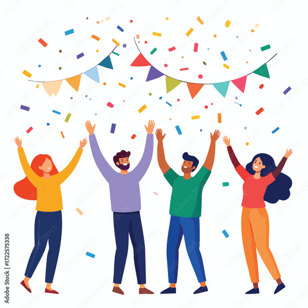 Obraz premium Four diverse people celebrate with arms raised under colorful confetti and bunting.