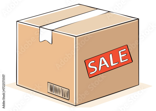 Cartoon illustration of a cardboard box with the word sale on it