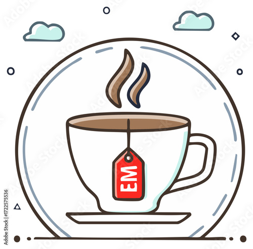 Steaming Teacup Icon with Tag and Geometric Border Elements Decorative Symbol
