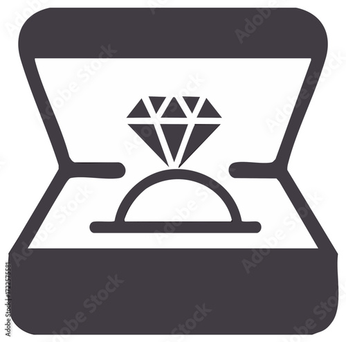 Diamond engagement ring in open presentation box minimalist icon symbol vector illustration