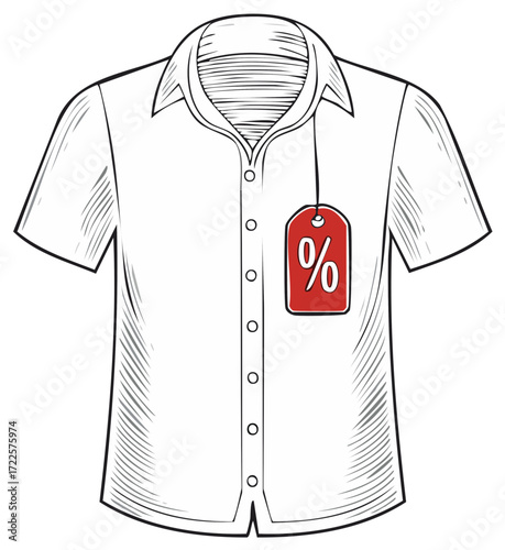 Vector illustration of a white shirt with a red percentage tag, sale concept.