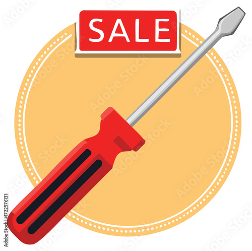 Red screwdriver repair tool with a sale sign for hardware store discounts and promotions vector illustration