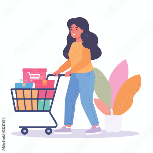 Smiling woman pushing a shopping cart full of items through a store.