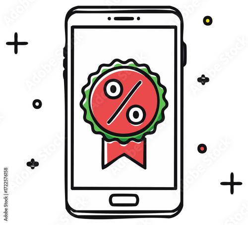 Doodle style illustration of a smartphone showing a discount percentage badge for online shopping and sales
