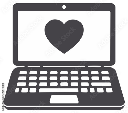 Laptop computer icon displaying a heart on screen symbolizing online love and digital connection