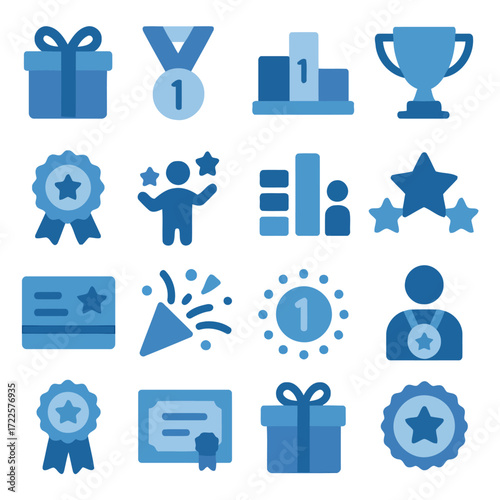 Symbolic Rewards: An array of blue-toned icons representing achievement, prizes, and acknowledgment, all presented in a flat style, capturing the essence of triumph and success.