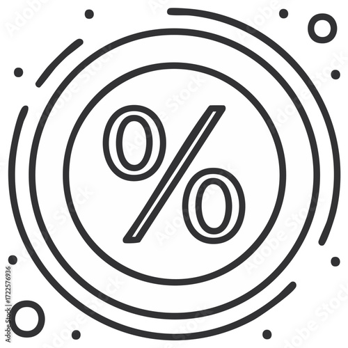 Percentage symbol icon inside concentric circles with orbiting dots and arcs