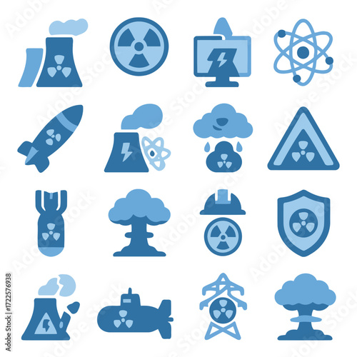 Nuclear Energy Icons: A collection of stylized, illustrative icons representing various aspects of nuclear energy and related concepts, conveying a sense of power and scientific significance.